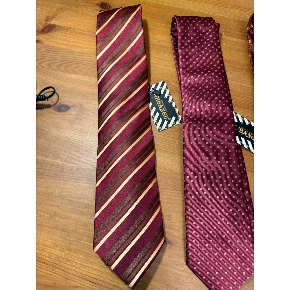 DIBANGU Mens Silk Tie Lot of 3 Burgundy Red Striped Geometric Classic NWT